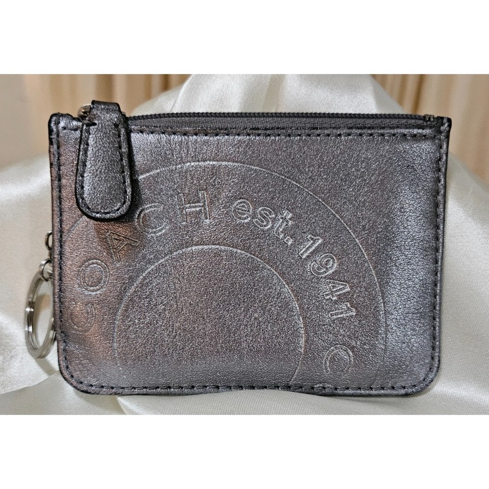 Coach Silver Embossed 1941 Coin Purse Keychain Mini Skinny, ID Purple Lining